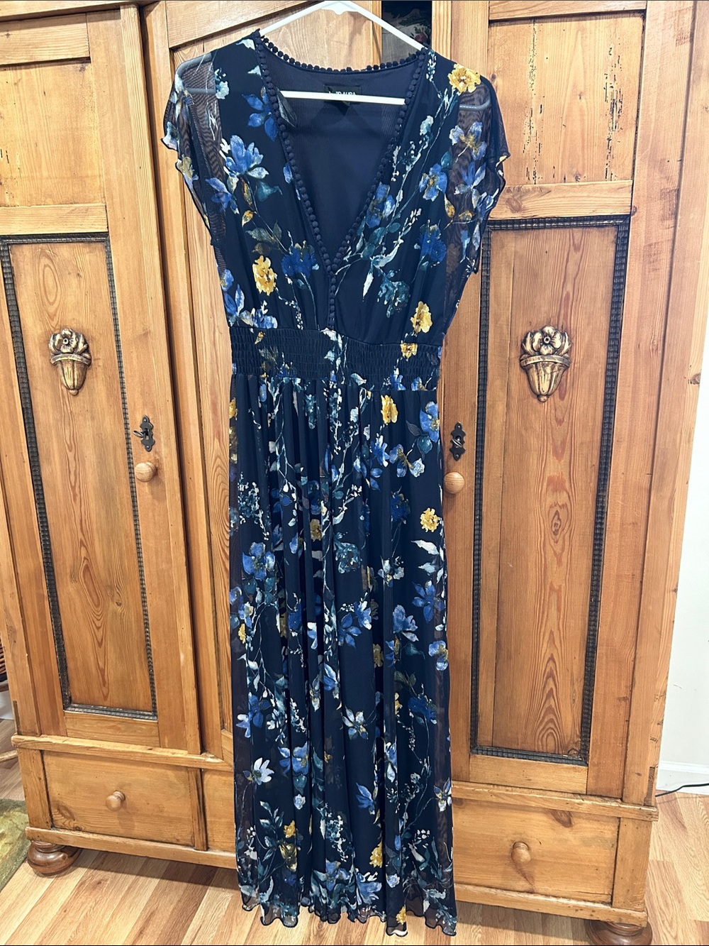 Floral V-Neck Navy Maxi Dress with Yellow & Blue Blooms